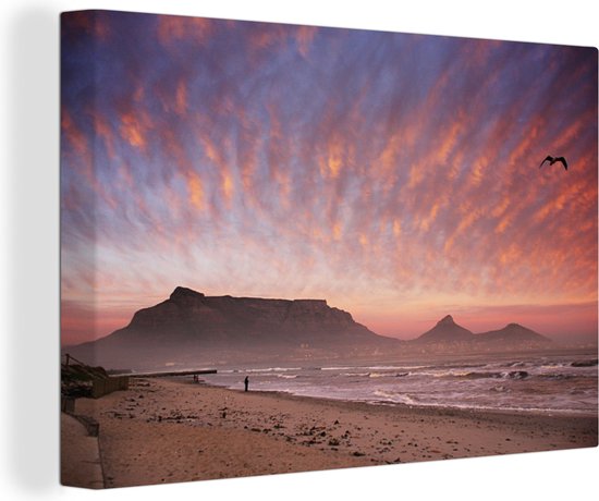 Canvas schilderij 140x90 cm - Wanddecoratie Kleurrijke lucht boven de Tafelberg in Zuid-Afrika - Muurdecoratie woonkamer - Slaapkamer decoratie - Kamer accessoires - Schilderijen