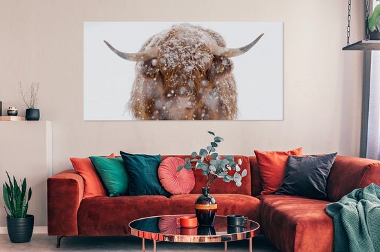 Peinture sur toile Highlander écossais - Cornes - Neige - 160x80 cm - Décoration murale
