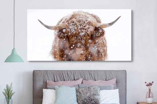 Peinture sur toile Highlander écossais - Cornes - Neige - 160x80 cm - Décoration murale