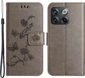 Coverup Bloemen & Vlinders Book Case - Geschikt voor OnePlus 10T Hoesje - Grijs