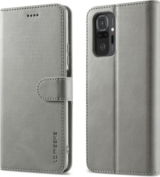 Étui de téléphone gris style portefeuille fermé, logo LC.IMEEKE sur le devant et système de caméra à l'arrière.