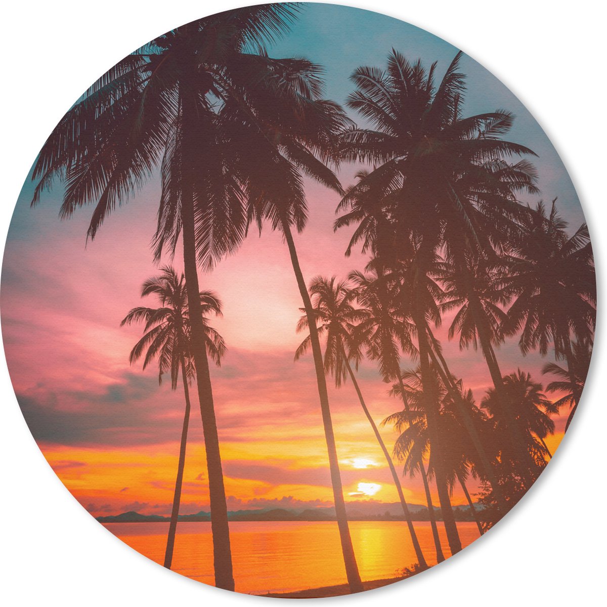 Muismat rond 20x20 cm - Mousepad Zee - Palmboom - Zonsondergang - Strand - Silhouette - Ronde muismatten