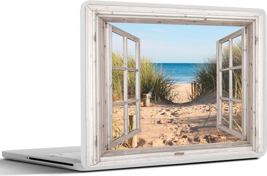 Foto: Laptop sticker 15 6 inch doorkijk strand zee duinen zand water helmgras 36x27 5cm laptopstickers laptop skin cover