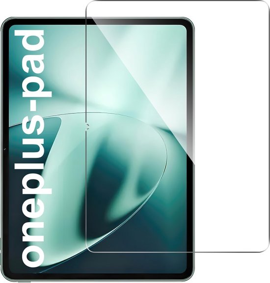 Transparante screenprotector met 'oneplus-pad' tekst op een groene tablet.