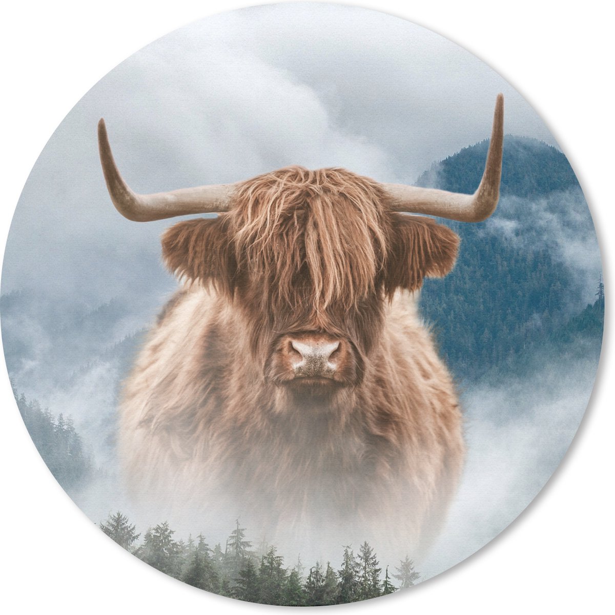 Muismat rond 40x40 cm - Mousepad Schotse hooglander - Mist - Berg - Ronde muismatten