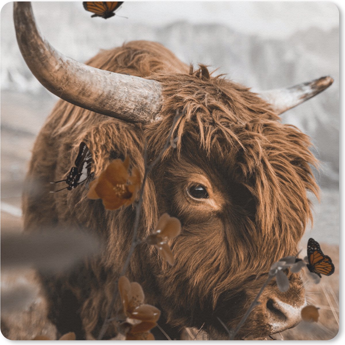 Muismat 30x30 cm - Mousepad Schotse Hooglander - Vlinder - Dieren - Muismatten
