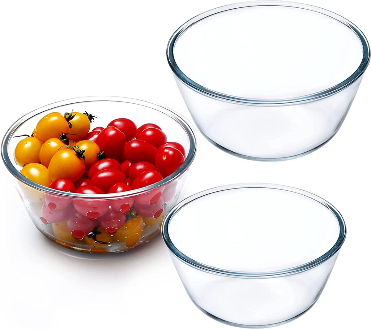 3-delige set glazen kommen, set transparante mengkommen, slakom glas ronde glazen kommen voor in de keuken (1L + 1.6L + 2.1L)