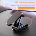 Zwarte magnetische telefoonhouder op een dashboard, met instelbare hoogte en hoek, 360 graden draaibaar.
