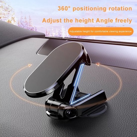 Zwarte magnetische telefoonhouder op een dashboard, met instelbare hoogte en hoek, 360 graden draaibaar.