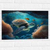 Muursticker - Cartoon van Zeeschildpad Zwemmend in Grotten op Zeebodem - 60x40 cm Foto op Muursticker