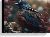 Canvas - Blauwe Gaai Vogel met Kleurrijke Veren en Bloemen - 40x30 cm Foto op Canvas Schilderij (Wanddecoratie op Canvas)