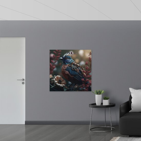 Acrylglas - Blauwe Gaai Vogel met Kleurrijke Veren en Bloemen - 100x100 cm Foto op Acrylglas (Met Ophangsysteem)
