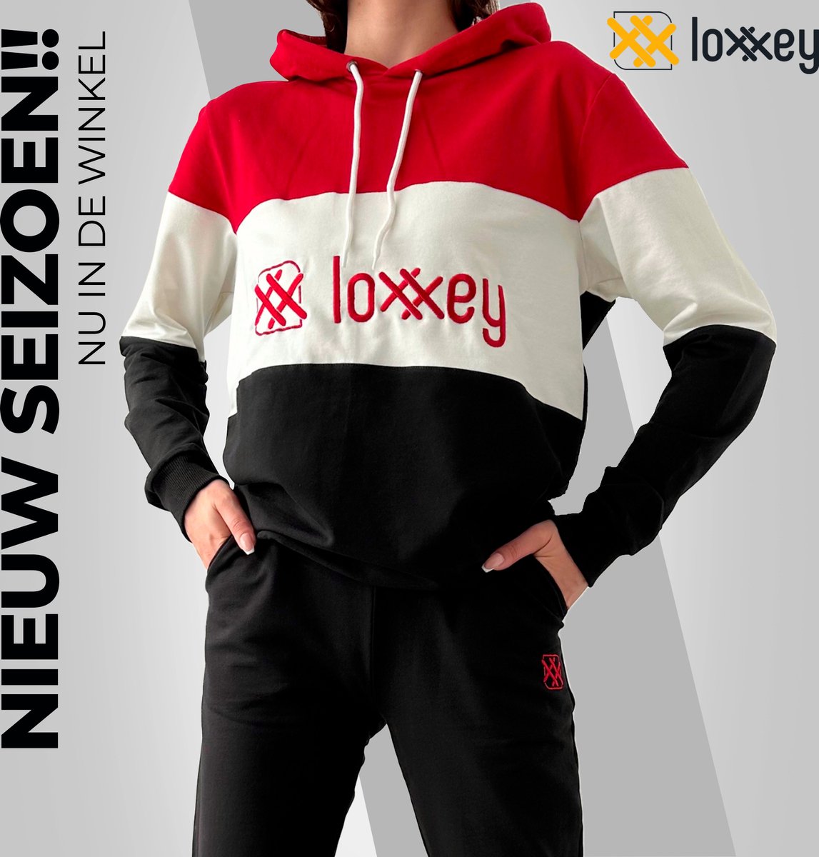 Loxxey® - Katoen - Vrijetijdspak - Joggingpak - Huispak - Home Wear - Hoodie - Trainingspak - Tracksuit - 1 Set (2 Delig) - Dames - Maat XL - Rood / Zwart