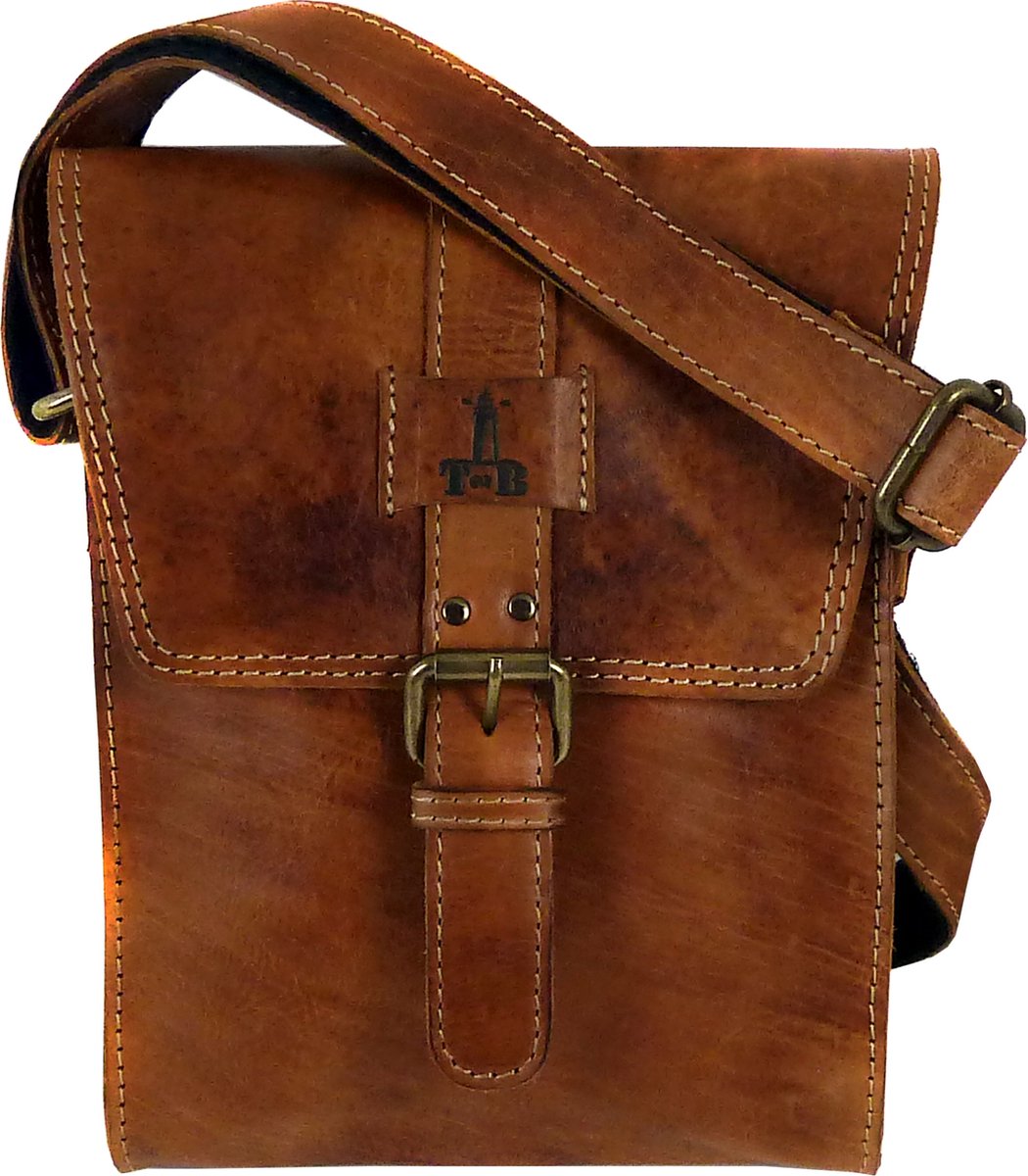 T-Burn Brands Luxe lederen Unisex Schoudertas "Vintage Buffalo"- Hunter Leder -Naturel Bruin
