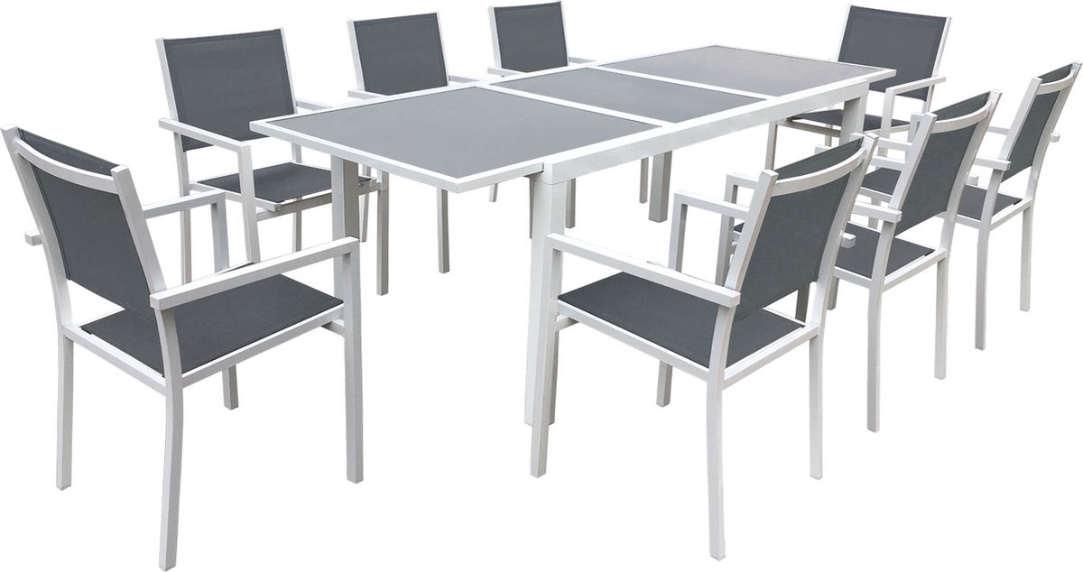 Uittrekbare tuinset met 8 zitplaatsen in grijs textilene en wit aluminium.