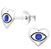 Joy|S - Zilveren hartje oorbellen - boze oog / evil eye - blauw kristal - 7.3 x 6.5 mm - oorknoppen