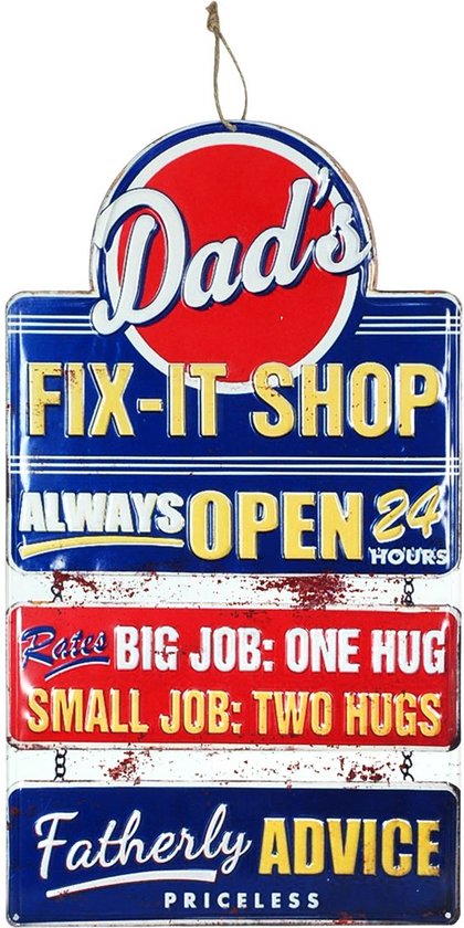 Dad’s fix-it shop | Always open | Metalen wandbord | 34x60cm