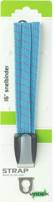 Lichtblauwe 16" snelbinder met roze stippenpatroon in verpakking. Tekst: 'STRAP MADE IN HOLLAND'.