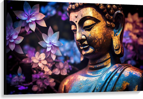 Canvas - Boeddha voor Struik vol Paarse Lelies - 120x80 cm Foto op Canvas Schilderij (Wanddecoratie op Canvas)