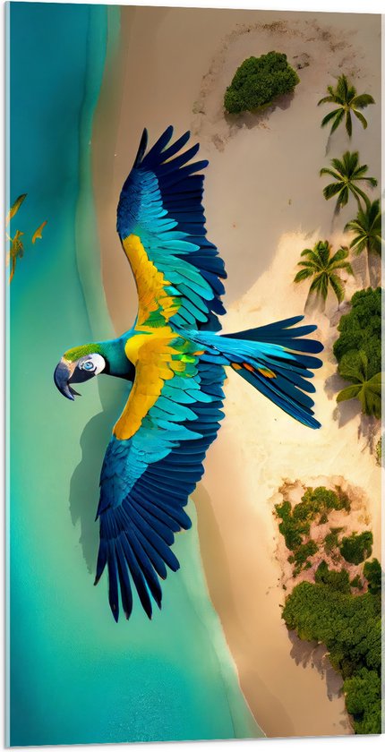 Acrylglas - Blauw met Gele Are Papegaai Vliegend boven Eiland - 50x100 cm Foto op Acrylglas (Wanddecoratie op Acrylaat)