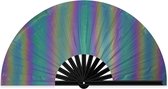 XXL festival waaier - Handwaaier - Spaanse waaier - Met holografisch regenboog effect - Inclusief opbergzakje - 62 x 32 cm - Bamboe/polyester