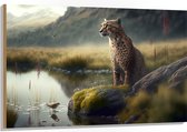 Hout - Cheetah op Rots langs Rivier door Natuurgebied - 120x80 cm - 9 mm dik - Foto op Hout (Met Ophangsysteem)