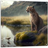 Tuinposter – Cheetah op Rots langs Rivier door Natuurgebied - 100x100 cm Foto op Tuinposter (wanddecoratie voor buiten en binnen)