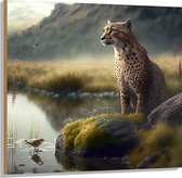 Hout - Cheetah op Rots langs Rivier door Natuurgebied - 100x100 cm - 9 mm dik - Foto op Hout (Met Ophangsysteem)