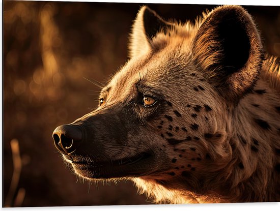Dibond - Hyena in de Morgen Zon in het Landschap - 80x60 cm Foto op Aluminium (Wanddecoratie van metaal)