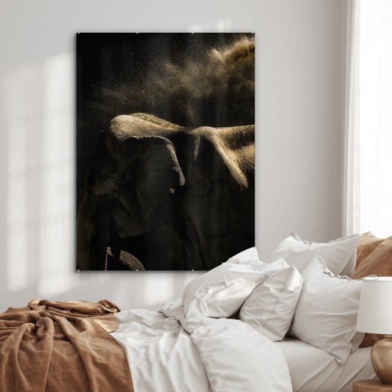 MuchoWow® Peinture sur verre 90x120 cm - Peinture sur verre acrylique - Éléphant - Boue - Animaux - Zwart - Photo sur verre - Peintures