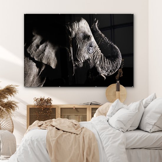 MuchoWow® Peinture sur verre 150x100 cm - Peinture sur verre acrylique - Éléphant - Zwart - Animaux - Nature - Photo sur verre - Peintures
