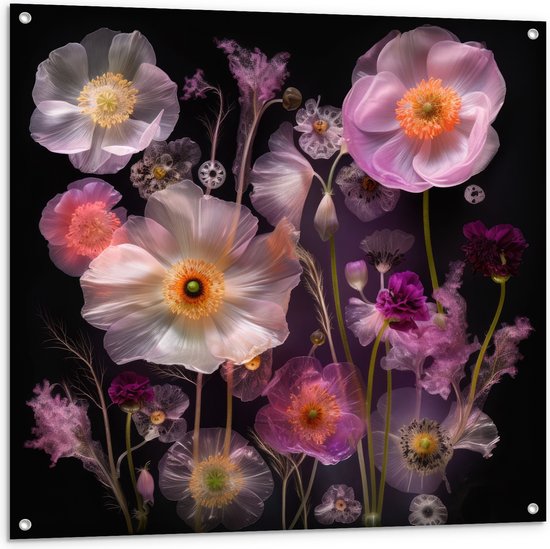 Tuinposter – Boeket van Roze Bloemen op Zwart Oppervlak - 100x100 cm Foto op Tuinposter (wanddecoratie voor buiten en binnen)