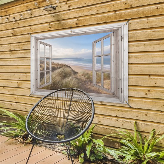 Tuinposter doorkijk raam - Tuindecoratie strand en zee - 120x80 cm - Tuinschilderij voor buiten natuur - Tuindoek duinen - Wanddecoratie tuin - Schuttingdoek - Balkon decoratie - Muurdecoratie - Buitenposter