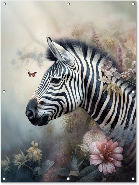 Affiche jardin - Toile jardin - Posters de jardin extérieur - Zebra - Animaux sauvages - Papillon - Fleurs - 90x120 cm - Jardin