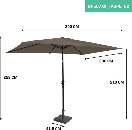 VONROC Premium Parasol Rapallo 200x300cm – Duurzame parasol - combi set incl. parasolvoet van 20 kg - Kantelbaar – UV werend doek - taupe – Incl. beschermhoes