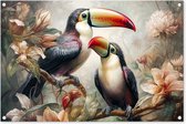 Tuinposter toekan - Tuindecoratie vogels - 90x60 cm - Wanddecoratie met bloemen voor buiten - Schutting decoratie jungle - Buitenposter - Schuttingdoek - Tuindoeken - Tuin doek - Balkon poster