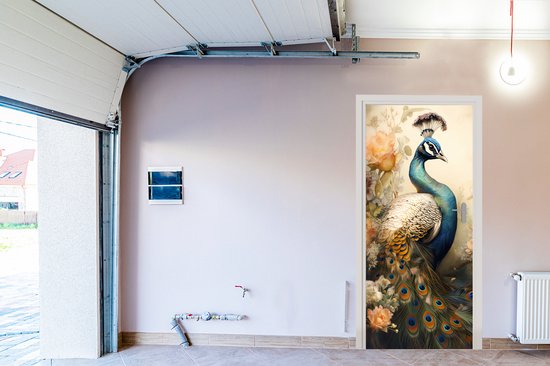 Sticker porte Paon - Plumes de paon - Fleurs - Vogels - Botanique - 80x205 cm - Poster porte