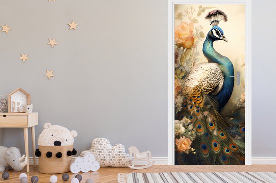 Sticker porte Paon - Plumes de paon - Fleurs - Vogels - Botanique - 80x205 cm - Poster porte