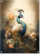 Tableau de jardin Paon - Plumes de paon - Fleurs - Vogels - Botanique - 60x80 cm - Affiche de jardin