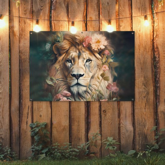 Affiche jardin - Toile jardin - Posters de jardin extérieur - Lion - Tête de lion - Animaux sauvages - Fleurs - 120x80 cm - Jardin