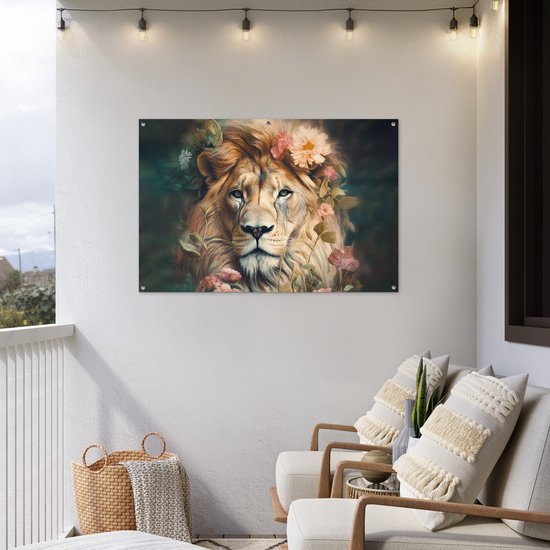 Affiche jardin - Toile jardin - Posters de jardin extérieur - Lion - Tête de lion - Animaux sauvages - Fleurs - 120x80 cm - Jardin