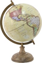 HAES DECO - Decoratieve Wereldbol met bruin houten voet - formaat 22x33cm - kleuren Groen / Geel / Rood - Vintage Wereldbol, Globe, Aarbol