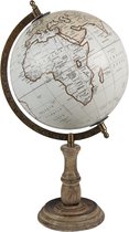 HAES DECO - Decoratieve Wereldbol met bruin houten voet - formaat 22x37cm - kleuren Bruin / Grijs / Roze - Vintage Wereldbol, Globe, Aarbol