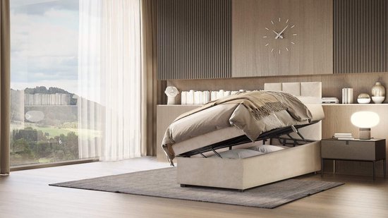 boxspring venus 90x200cm - Beige velvet compleet bed met opbergruimte- eenpersoonsbed inclusief comfort schuim topper 4cm-