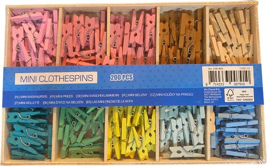 Mini pinces à linge - Pinces à linge en bois - 200 pièces - 10 couleurs