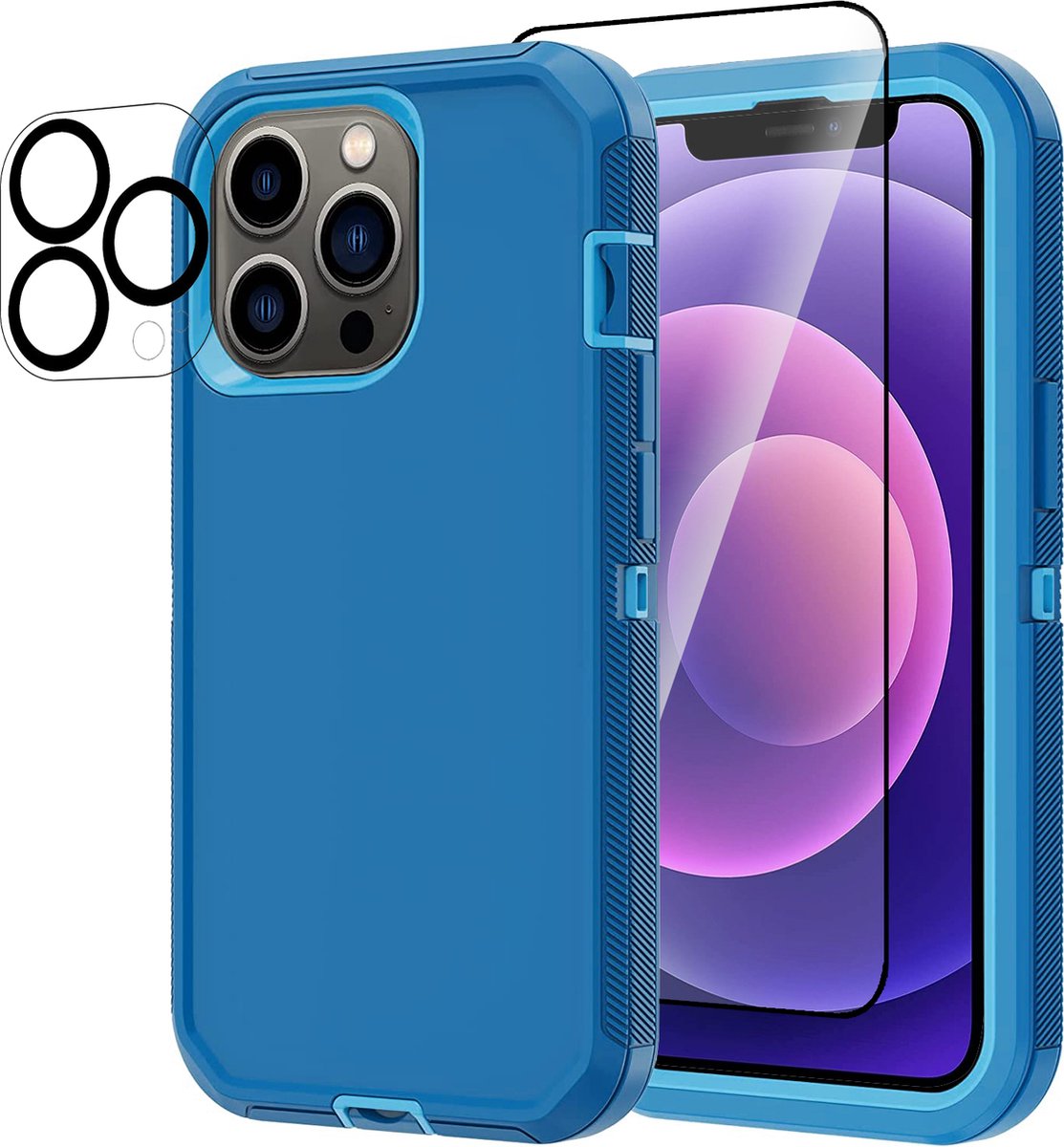 Stravo Heavy Duty iPhone 12 Pro case met Screen Protector en Lens Protector - Blauw - Dustproof shockproof telefoonhoes cover bestaande uit 3 lagen inclusief schermbeschermer en lensbeschermer - Geschikt voor Apple iPhone 12 Pro