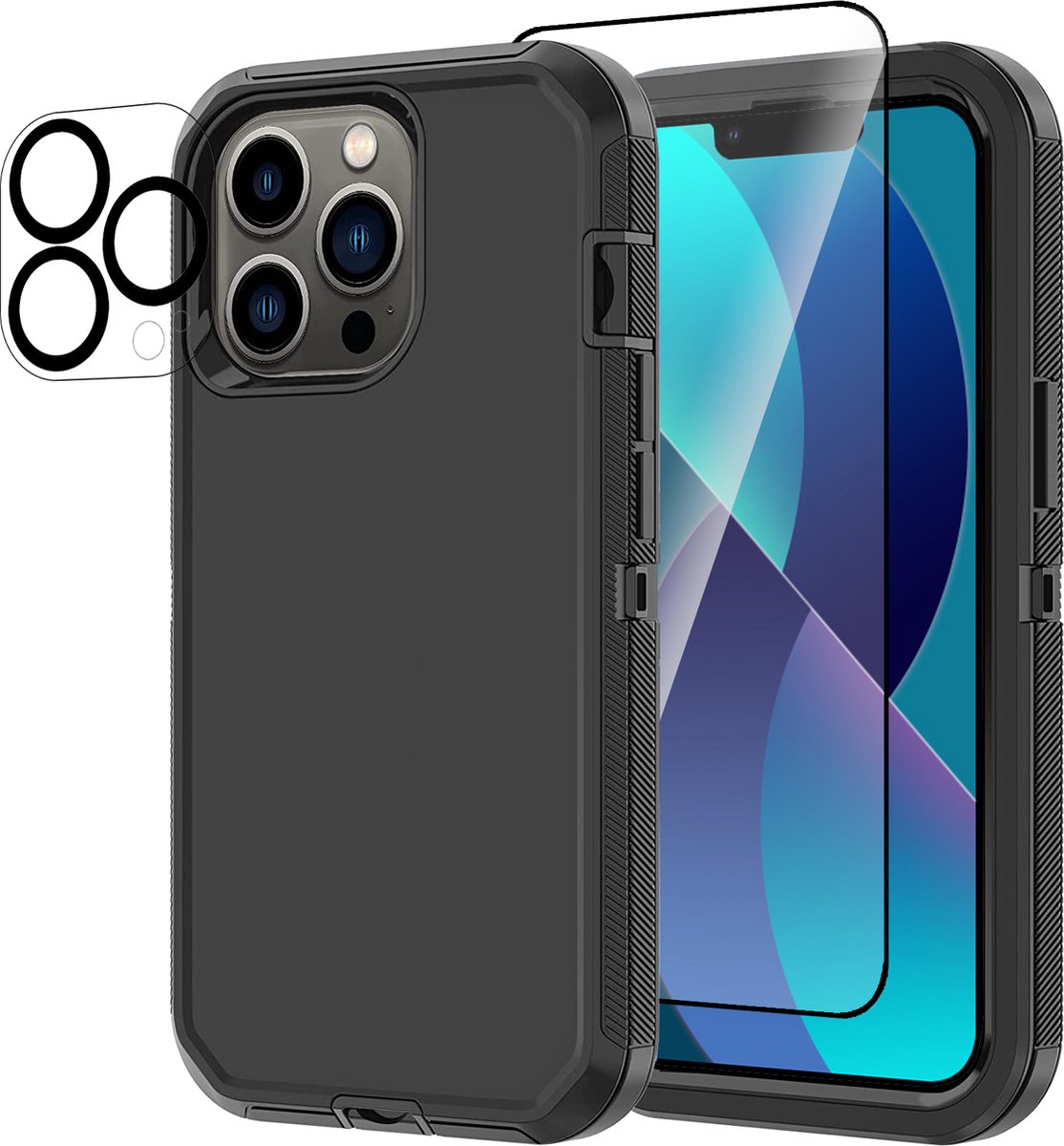 Stravo Heavy Duty iPhone 13 Pro Max case met Screen Protector en Lens Protector - Zwart - Dustproof shockproof telefoonhoes cover bestaande uit 3 lagen inclusief schermbeschermer en lensbeschermer - Geschikt voor Apple iPhone 13 Pro Max