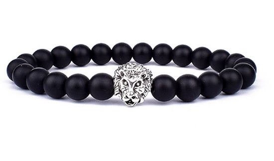 Marchandises TVR | Bracelet Perles argent lion noir mat 6mm | Noir | taille S | 17 cm