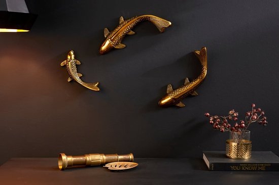 Feng Shui wanddecoratie set van 3 vissen KOI 25cm antiek goud maritiem design - 41763