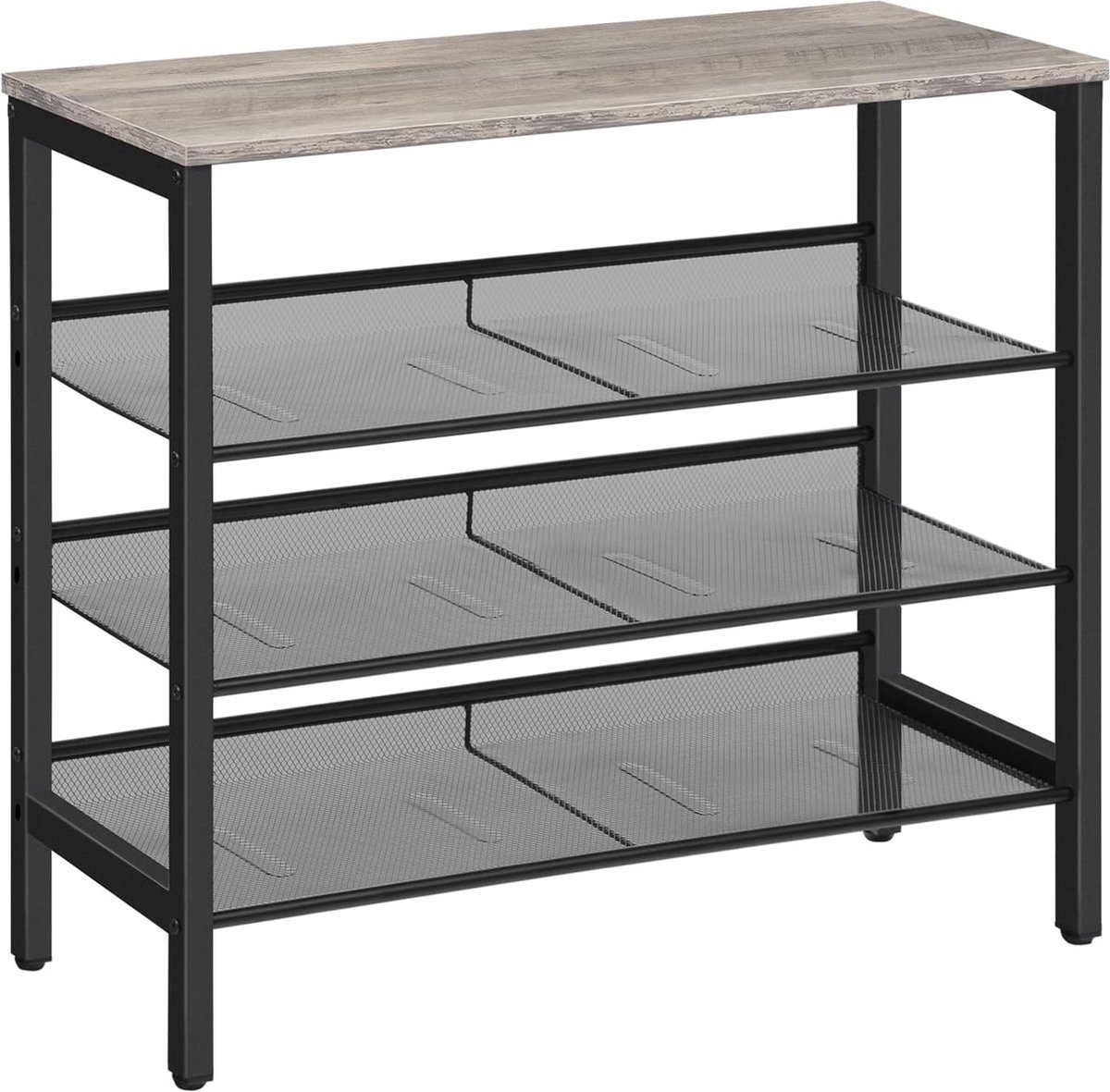 Schoenenrek 4 niveaus - schoenenkast Grijs - schoenenbank met 3 roosterplanken - stabiel - voor entree - hal - slaapkamer - industrieel design - greige-zwart